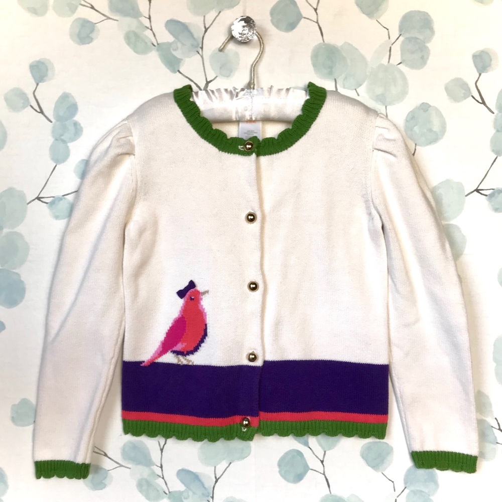 Gymboree Kids Cream Cardigan Knit Sweater Gold Buttons, Pink Bird & Purple Bow - Picture 2 of 13